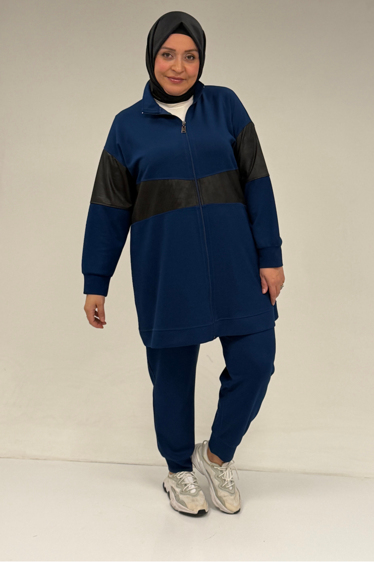 47098 Büyük Beden Waterport Garnili Modal Pantolonlu Takım - İndigo