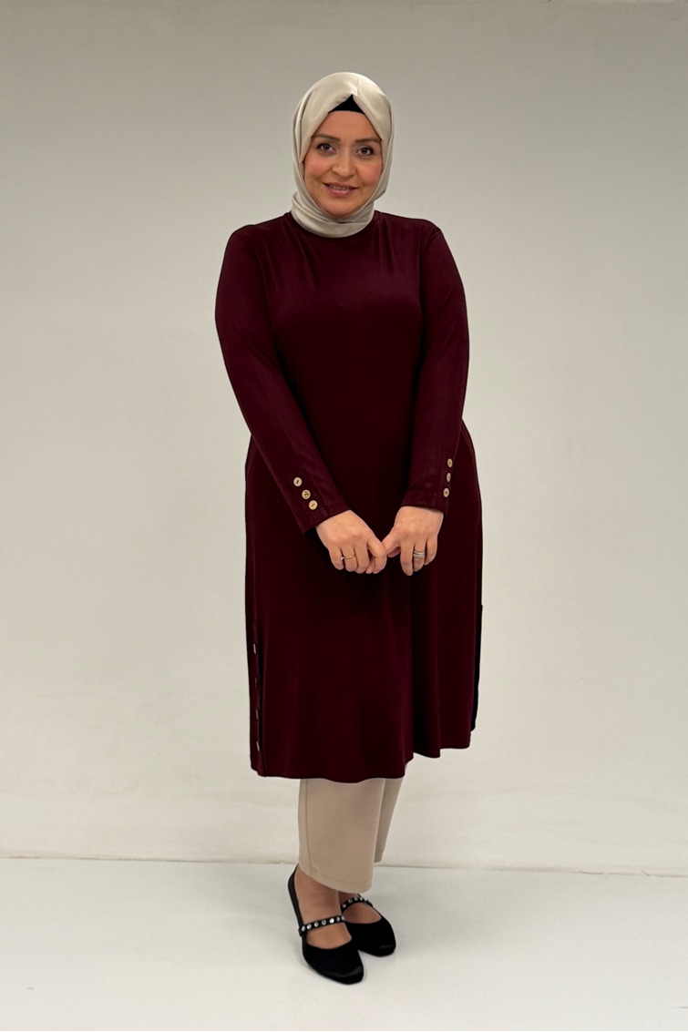 38015  Büyük Beden Düğme Detaylı Penye Tunik - Bordo