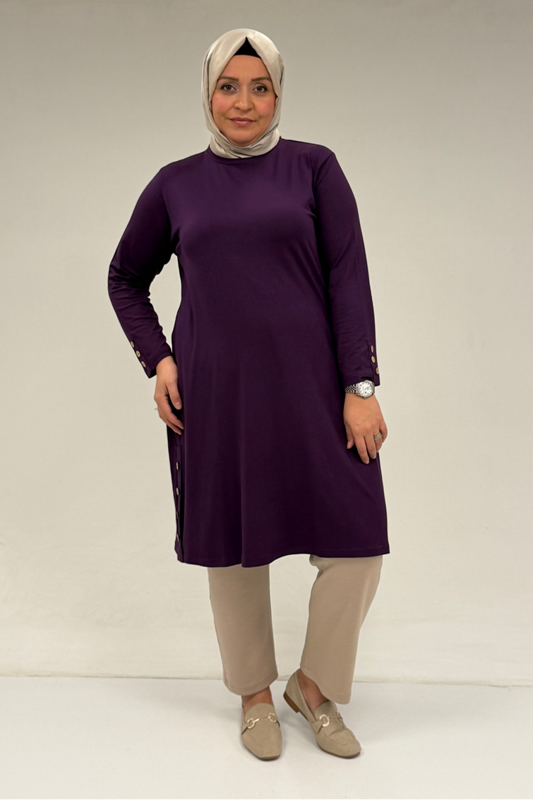38015  Büyük Beden Düğme Detaylı Penye Tunik -Mor