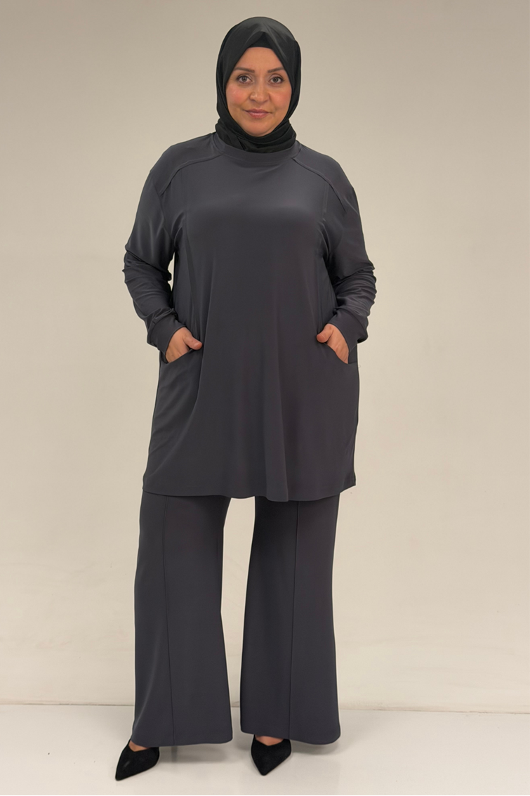 67031 Büyük Beden Yanları Cep Detaylı Pantolonlu Sandy Takım - Antrasit