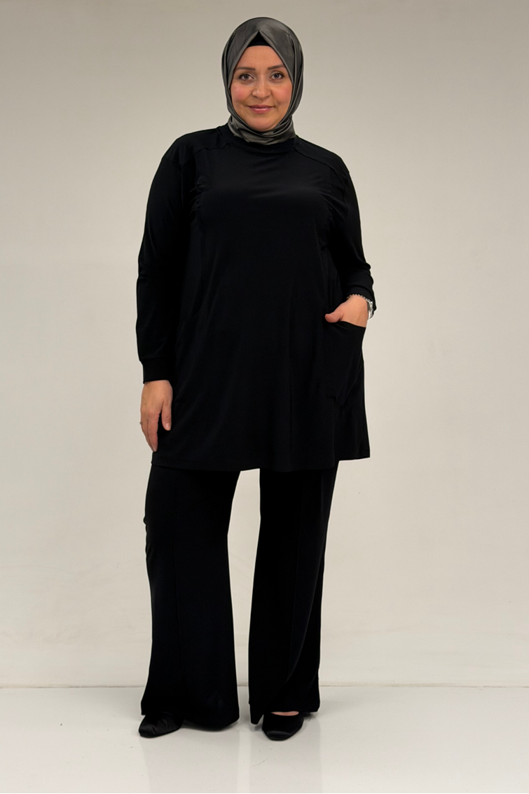 67031 Büyük Beden Yanları Cep Detaylı Pantolonlu Sandy Takım - Siyah