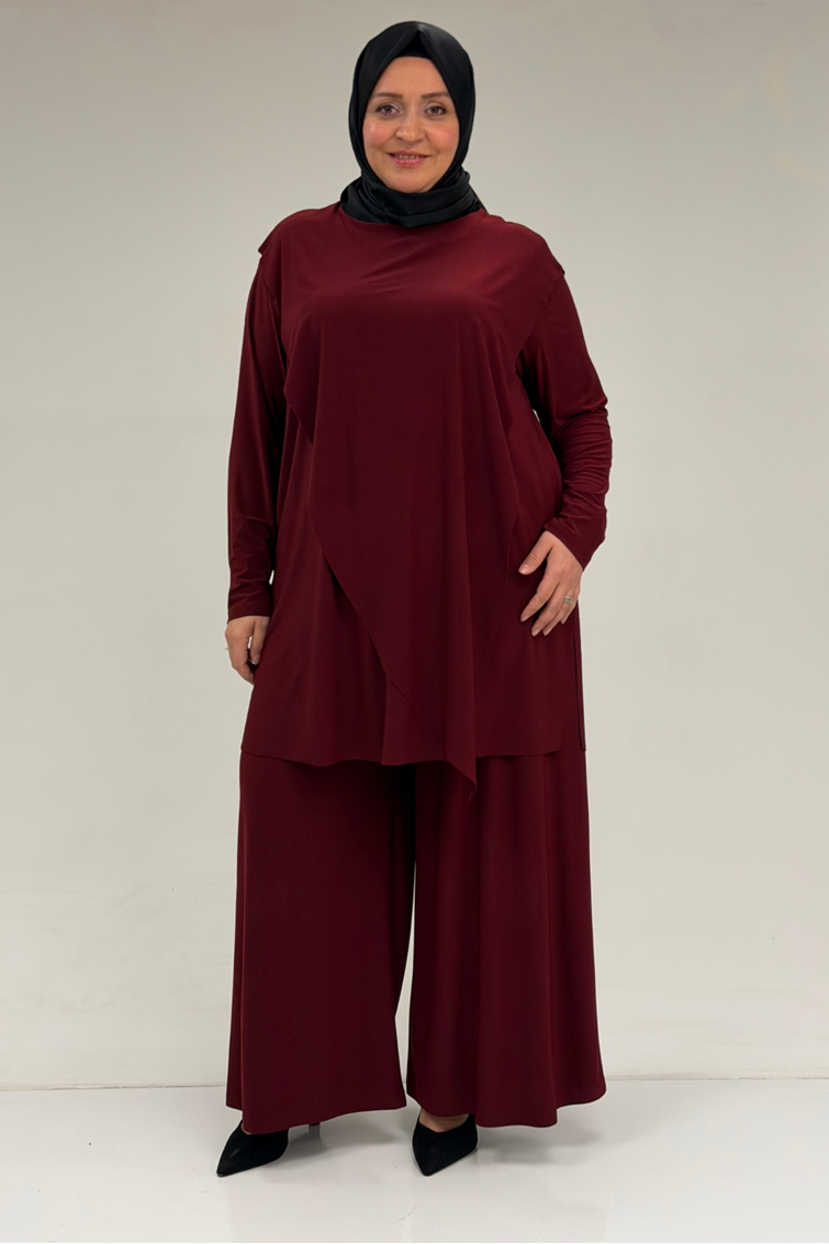 67004 Büyük Beden Önü Ve Arkası Pelerin Detaylı Sandy Pantolonlu Takım - Bordo