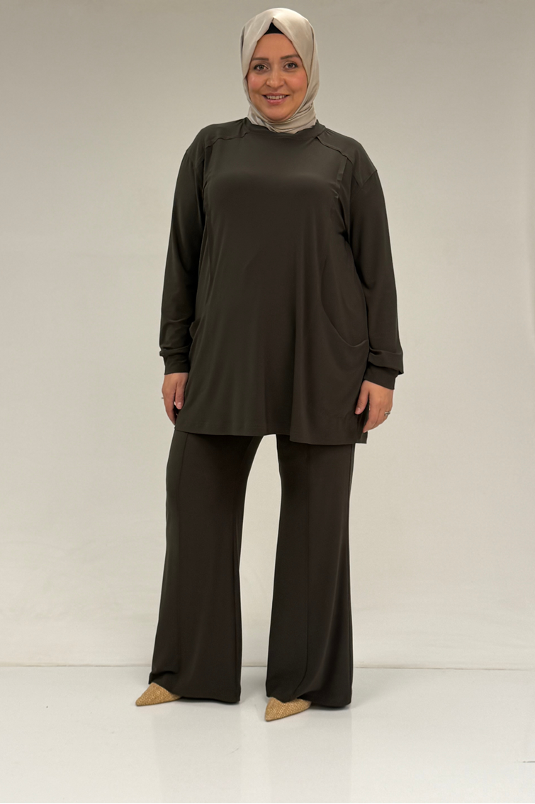 67031 Büyük Beden Yanları Cep Detaylı Pantolonlu Sandy Takım - Haki