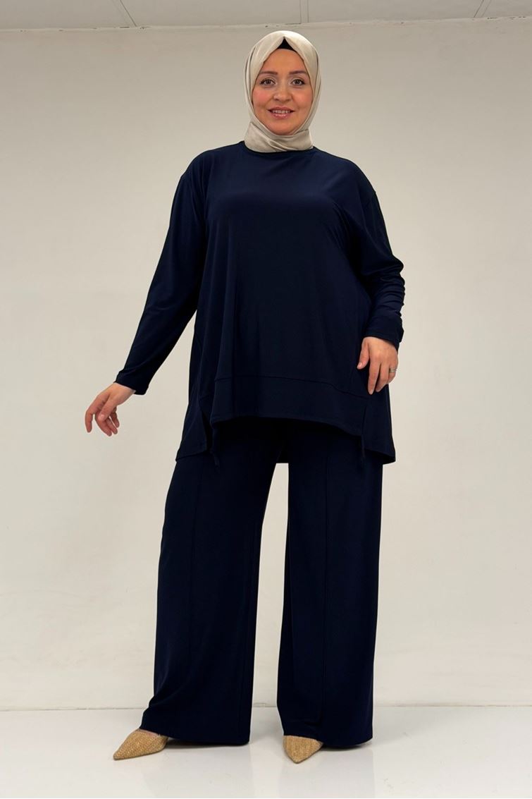 67033 Büyük Beden  Etek Ucu Parçalı Sandy Pantolonlu Takım - Lacivert