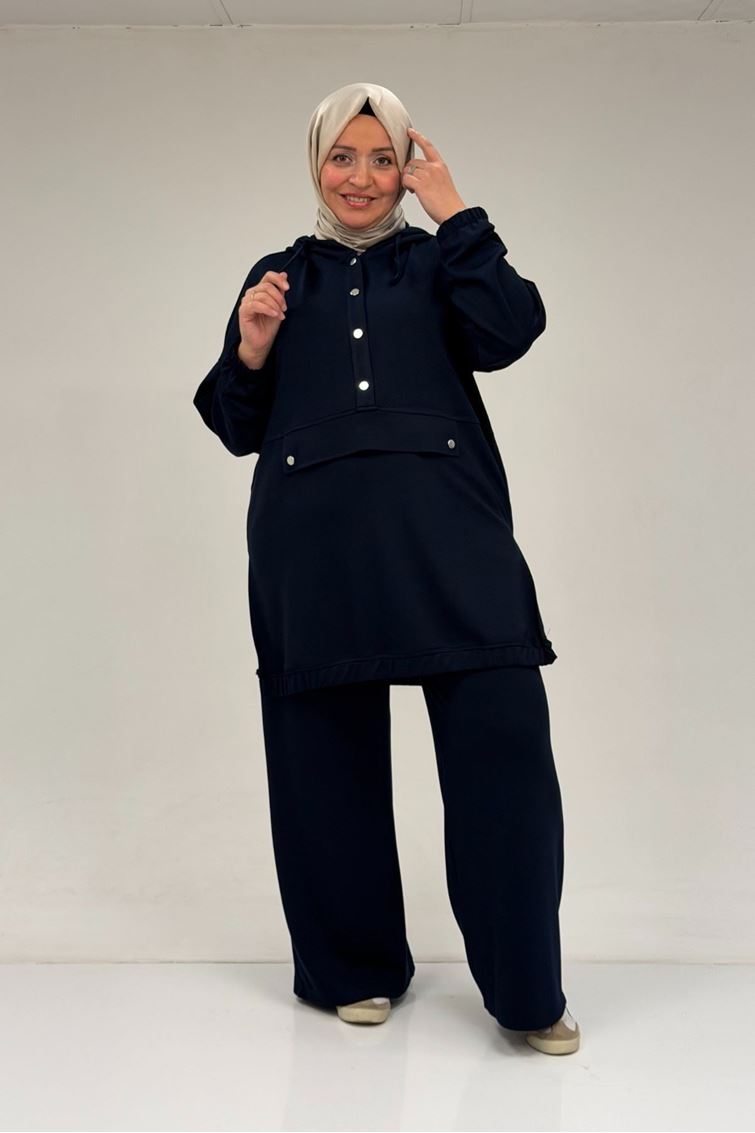 47089 Büyük Beden Yarım Patlı Kapşonlu Pantolonlu Modal Takım - Lacivert