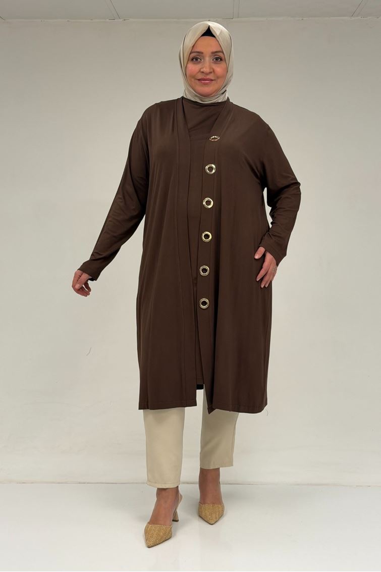 67032 Büyük Beden Kuşgözü Detaylı Penye İkili Takım - Kahve