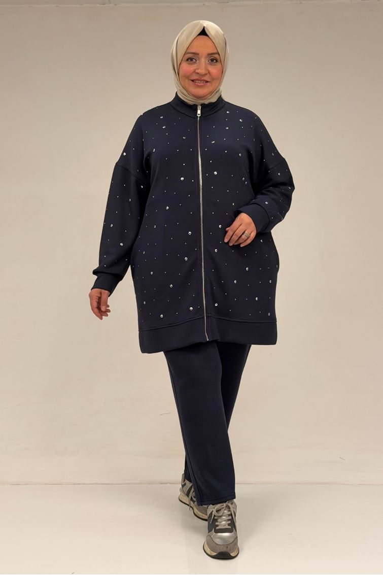 47070 Büyük Beden Önü Taş Detaylı Modal Pantolonlu Takım - Lacivert