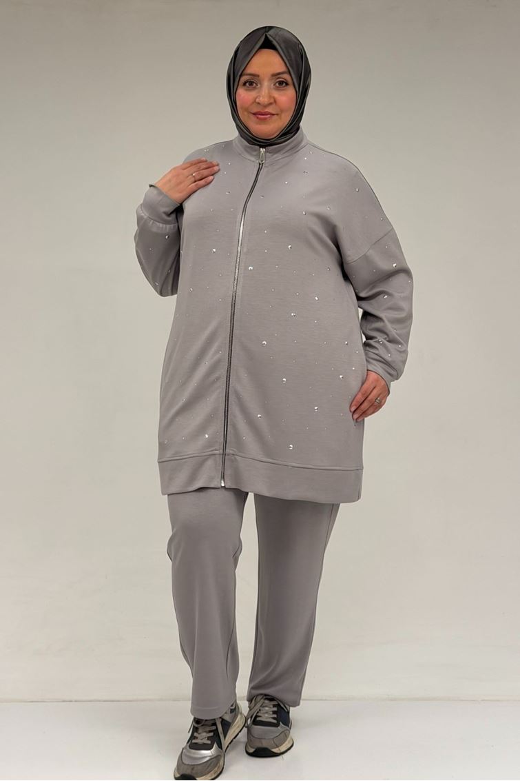 47070 Büyük Beden Önü Taş Detaylı Modal Pantolonlu Takım - Gri