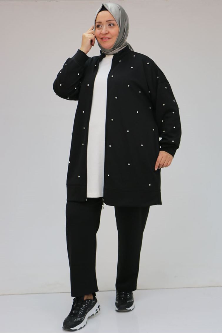 47070 Büyük Beden Önü Taş Detaylı Modal Pantolonlu Takım - Siyah