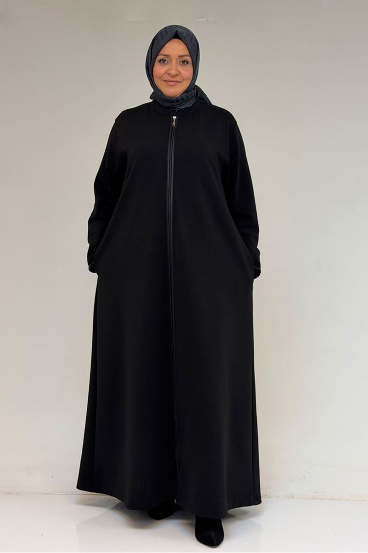 56003-E Büyük Beden Önden Fermuarlı Hakim Yaka Ferace - Siyah