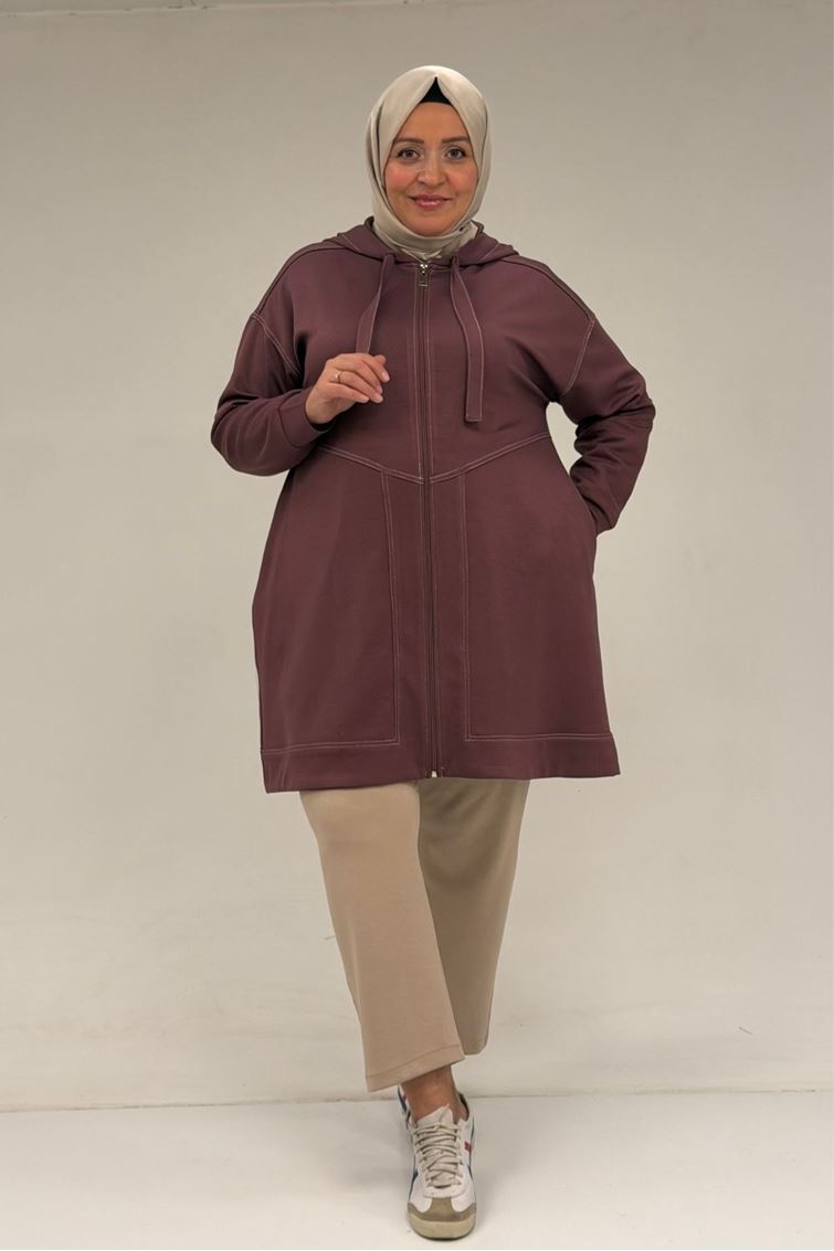 53075 Büyük Beden Dikiş Detaylı Fermuarlı Modal Ceket - Gül Kurusu