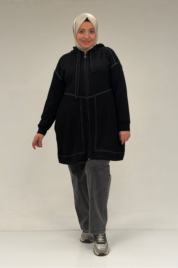 53075 Büyük Beden Dikiş Detaylı Fermuarlı Modal Ceket - Siyah