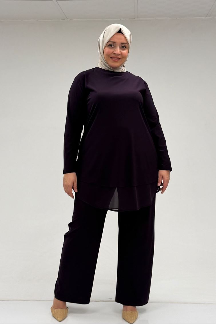 67009 Büyük Beden Etek Ucu Şifon Detaylı Sandy Pantolonlu Takım - Mor