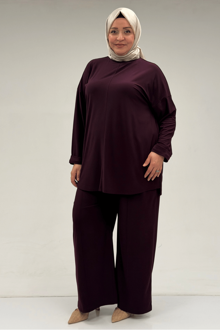 67001 Büyük Beden Kol Manşeti Duble Model Sandy Pantolonlu Takım - Mürdüm