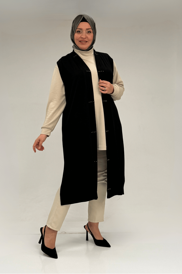 54005 Büyük Beden Patı Pileli Giy Çık Yelek - Siyah