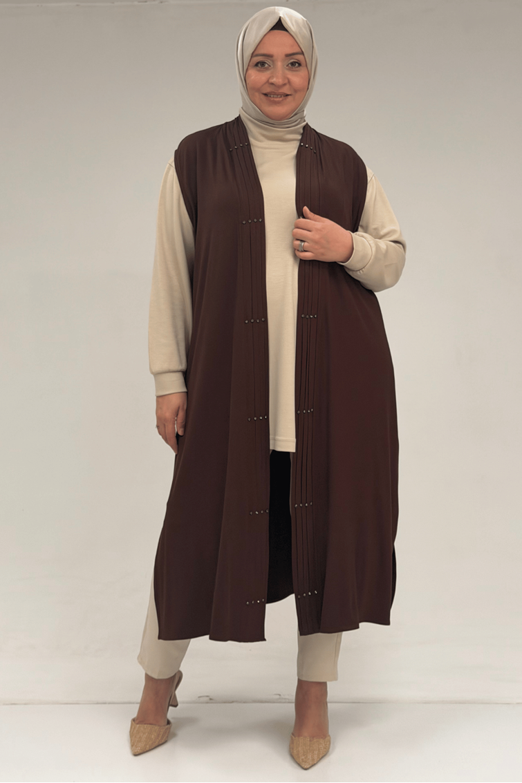 54005 Büyük Beden Patı Pileli Giy Çık Yelek - Kahve