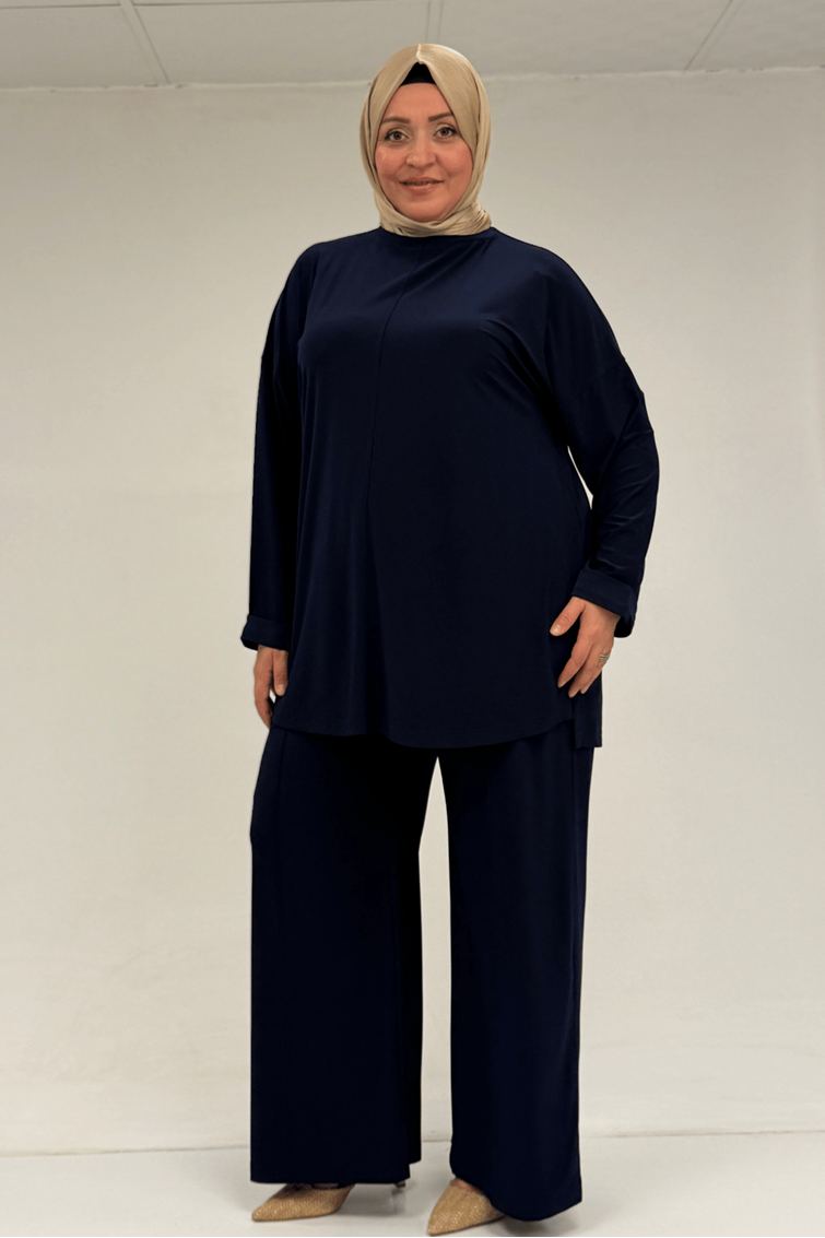 67001 Büyük Beden Kol Manşeti Duble Model Sandy Pantolonlu Takım - Lacivert