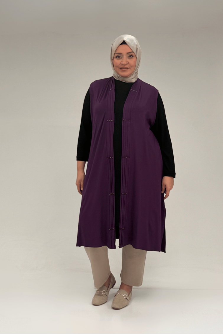 54005 Büyük Beden Patı Pileli Giy Çık Yelek - Mor