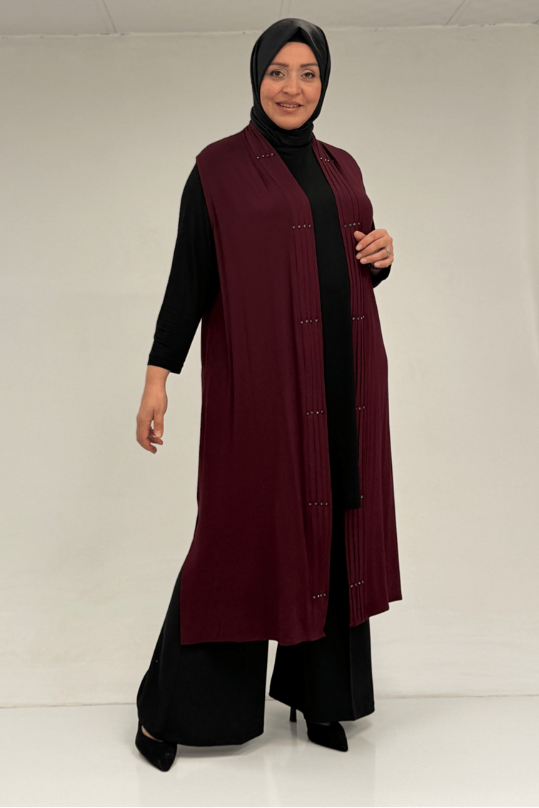 54005 Büyük Beden Patı Pileli Giy Çık Yelek - Bordo