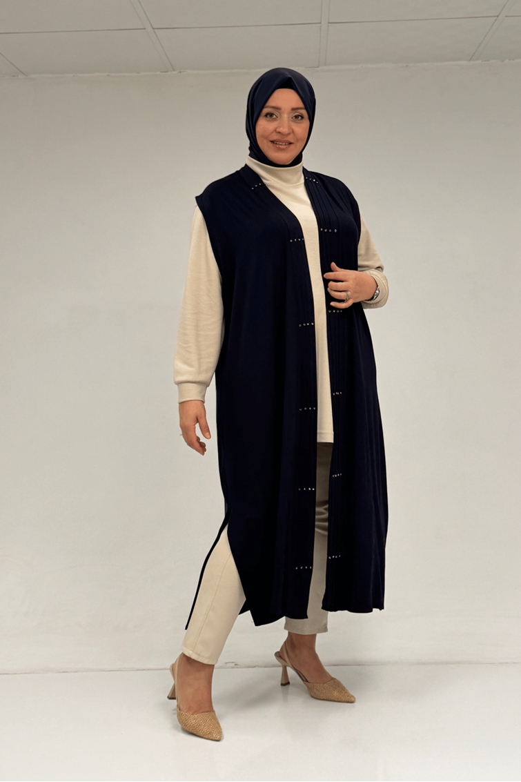 54005 Büyük Beden Patı Pileli Giy Çık Yelek - Lacivert