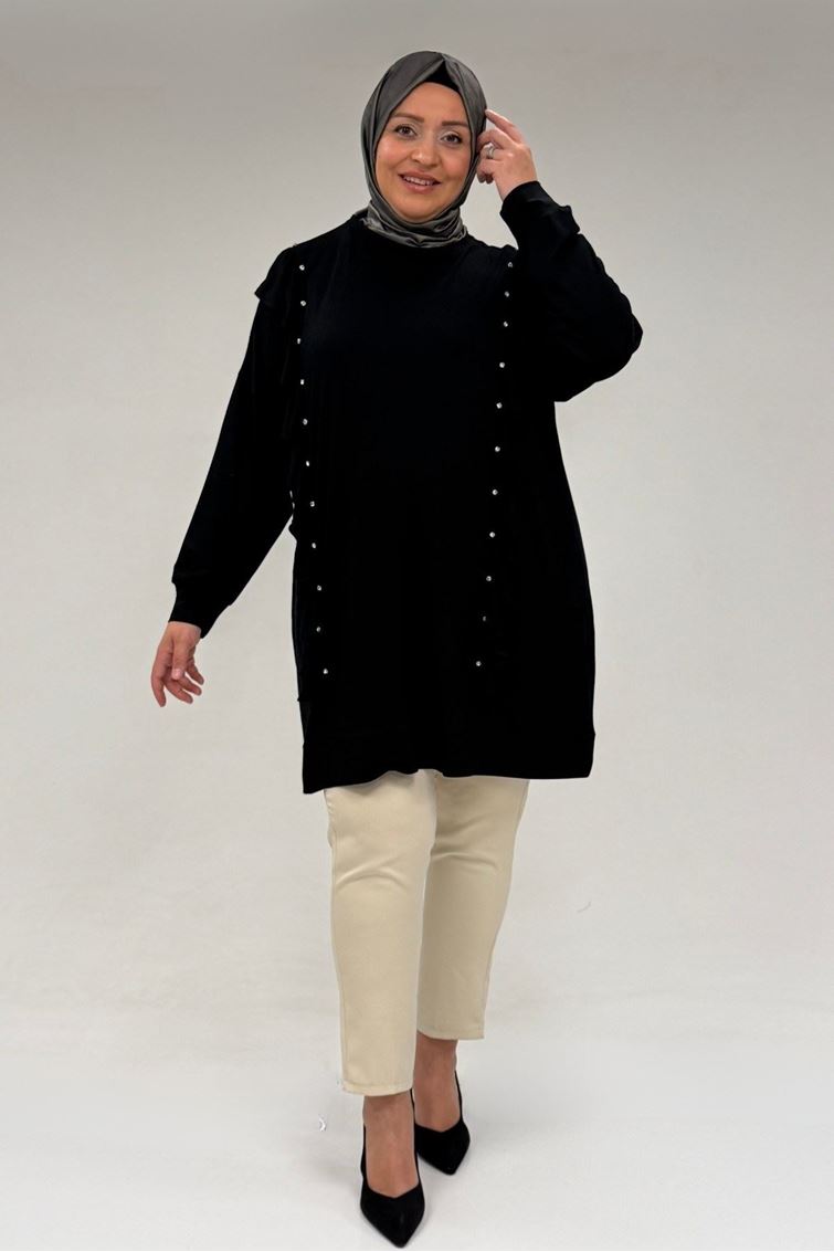 58074 Büyük Beden Fırfır Ve Taş Detaylı Penye Tunik - Siyah