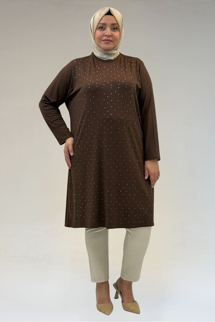 68001 Büyük Beden Önü Taş Baskı Detaylı Penye Tunik - Kahve