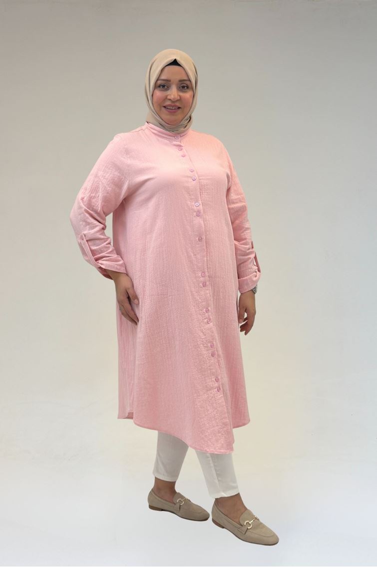 58092 Büyük Beden Çift Düğme Detaylı Müslin Gömlek - Şeker Pembesi