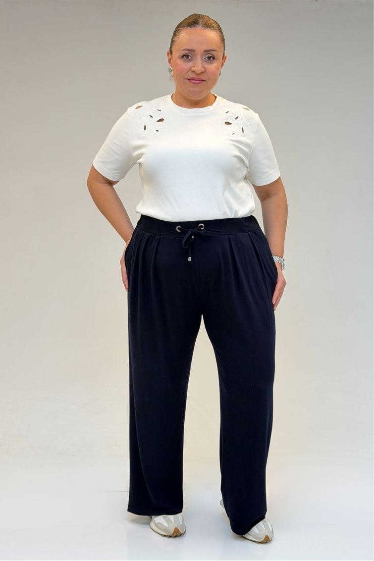 59002 Büyük Beden Pile Detaylı Penye Pantolon - Lacivert