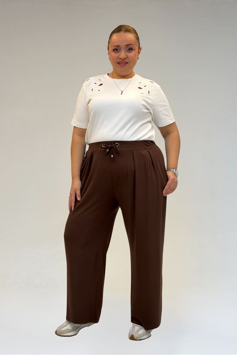 59002 Büyük Beden Pile Detaylı Penye Pantolon - Kahve