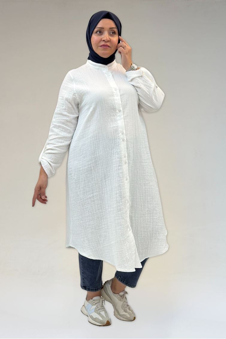 58092 Büyük Beden Çift Düğme Detaylı Müslin Gömlek - Ekru