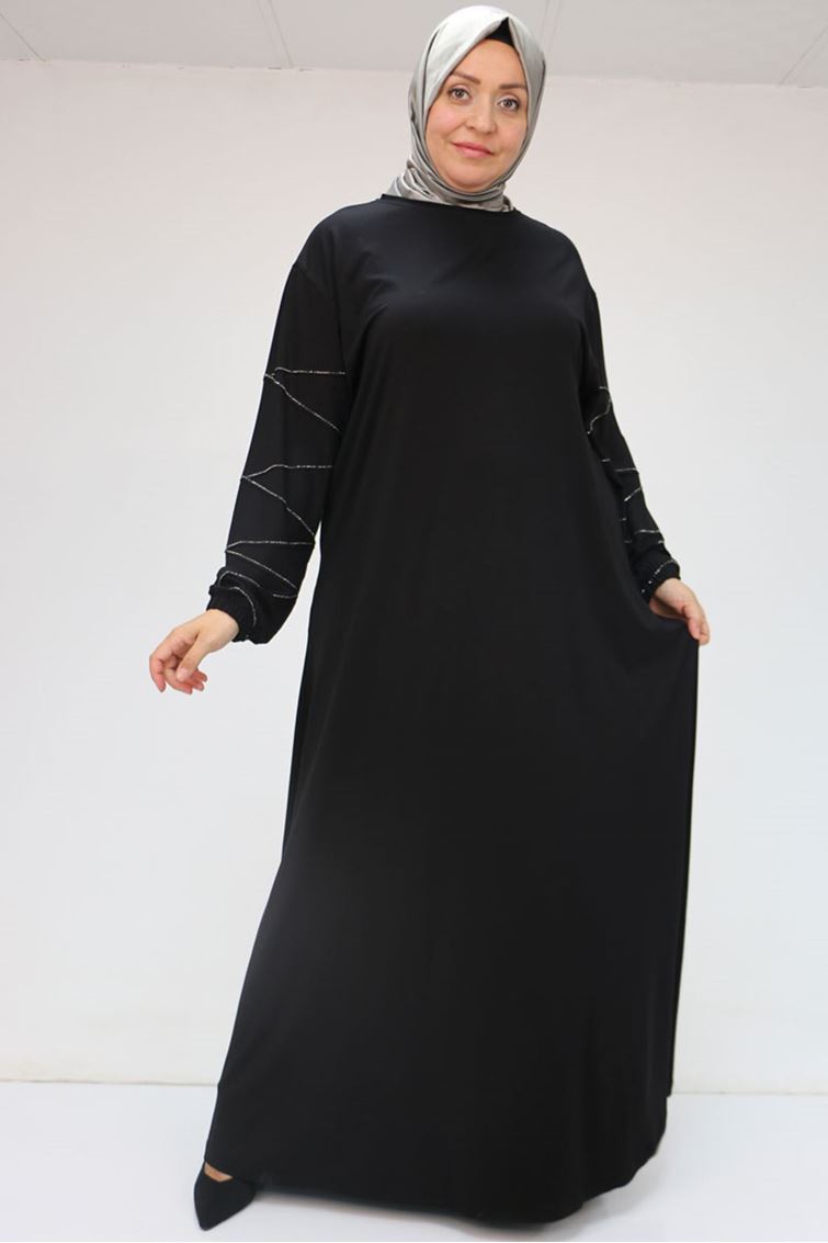 52021 Büyük Beden Çimalı Taş Detaylı Penye Elbise - Siyah