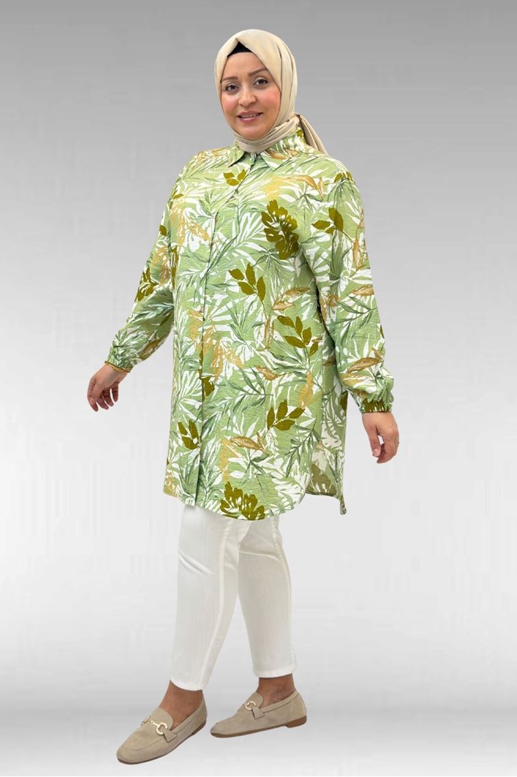68010 Büyük Beden Yanları Yırtmaçlı Kolları Lastikli Mango Tunik - Yaprak Desen Vizon