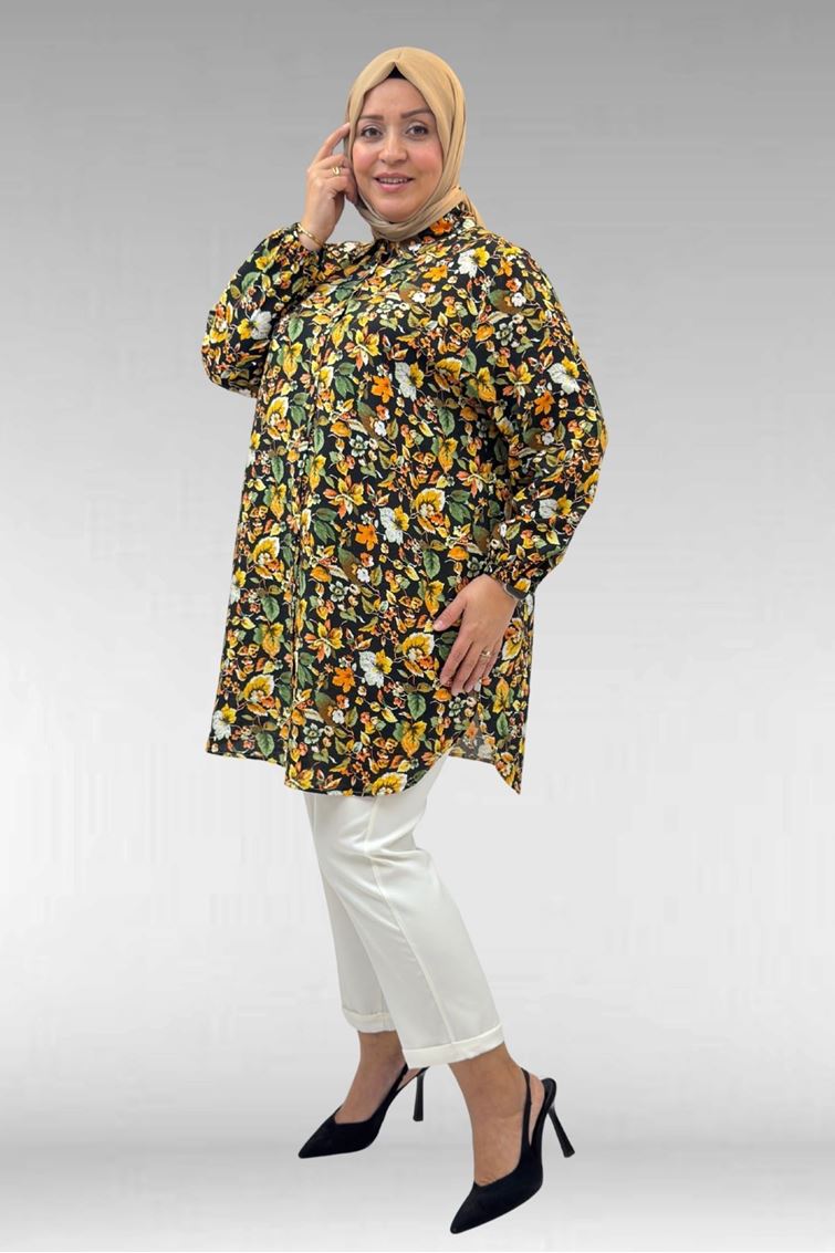 68010 Büyük Beden Yanları Yırtmaçlı Kolları Lastikli Mango Tunik - Desenli Siyah