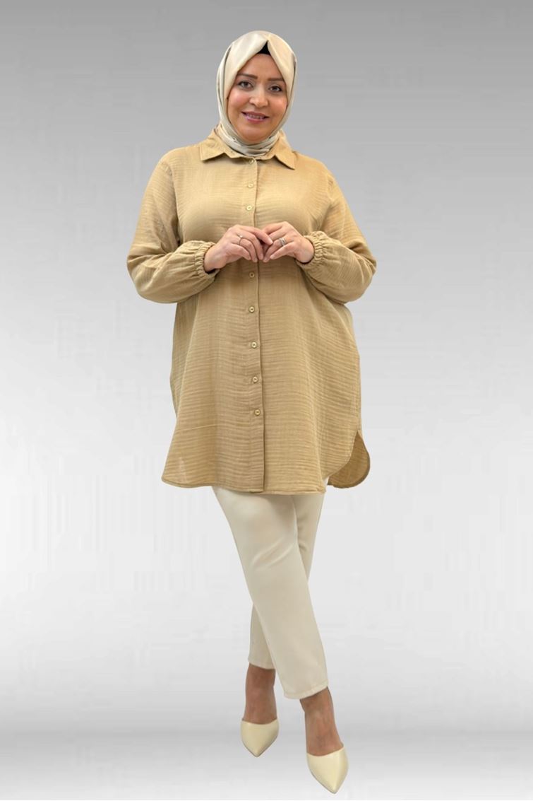 58091 Büyük Beden Kolları Lastikli Müslin Gömlek - Bej