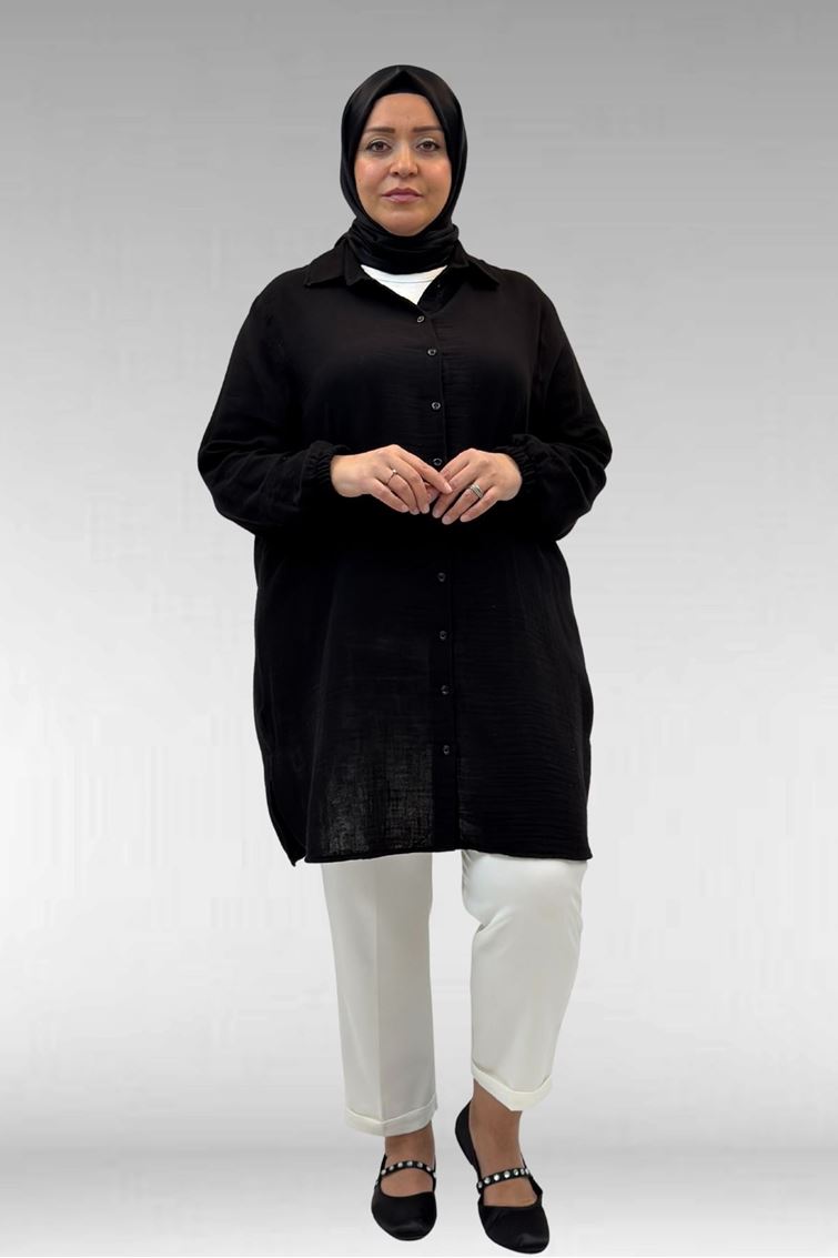 58091 Büyük Beden Kolları Lastikli Müslin Gömlek - Siyah