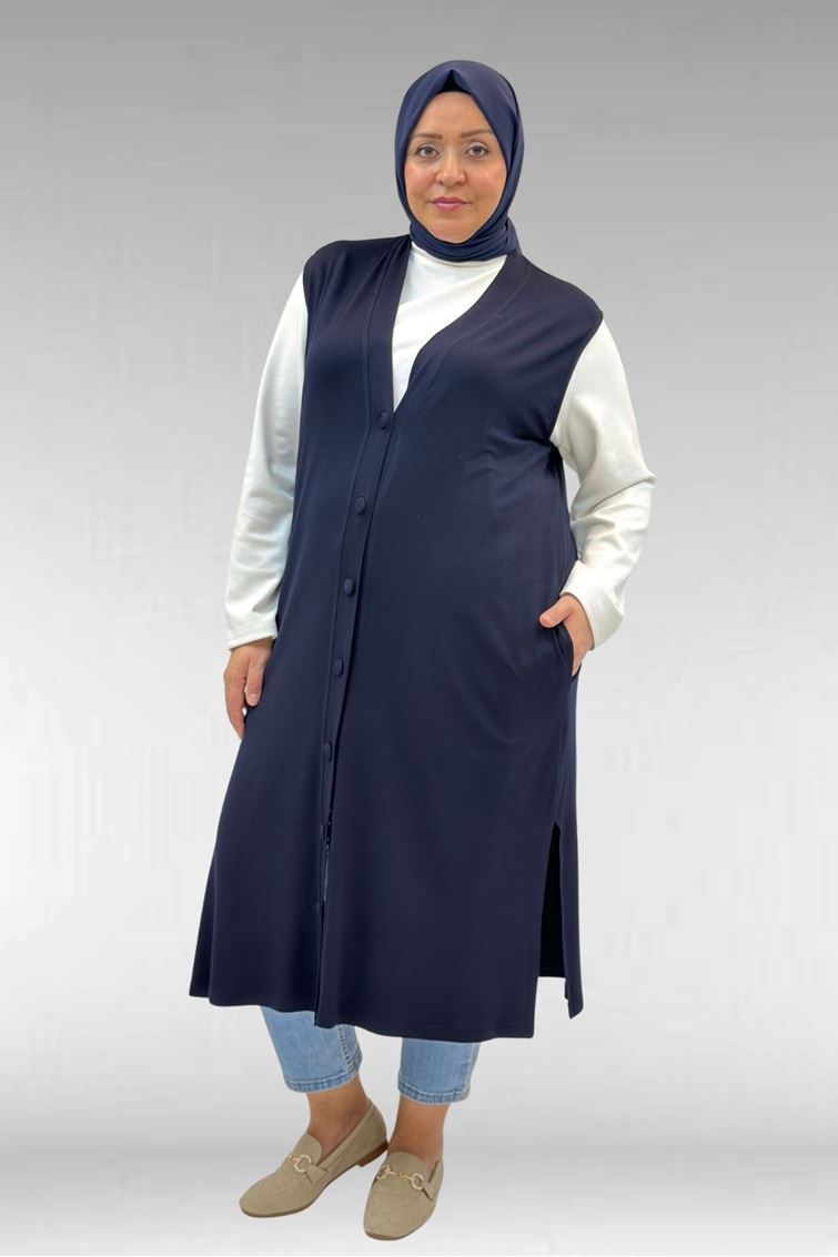 54017 Büyük Beden Kaplama Düğmeli Giy-Çık Penye Yelek - Lacivert