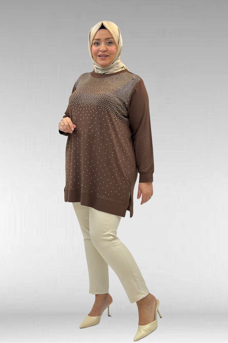 68011 Büyük Beden Önü Taş Detaylı Penye Tunik - Kahve