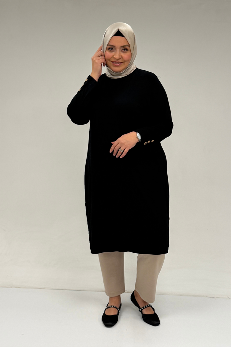 38015  Büyük Beden Düğme Detaylı Penye Tunik - Siyah