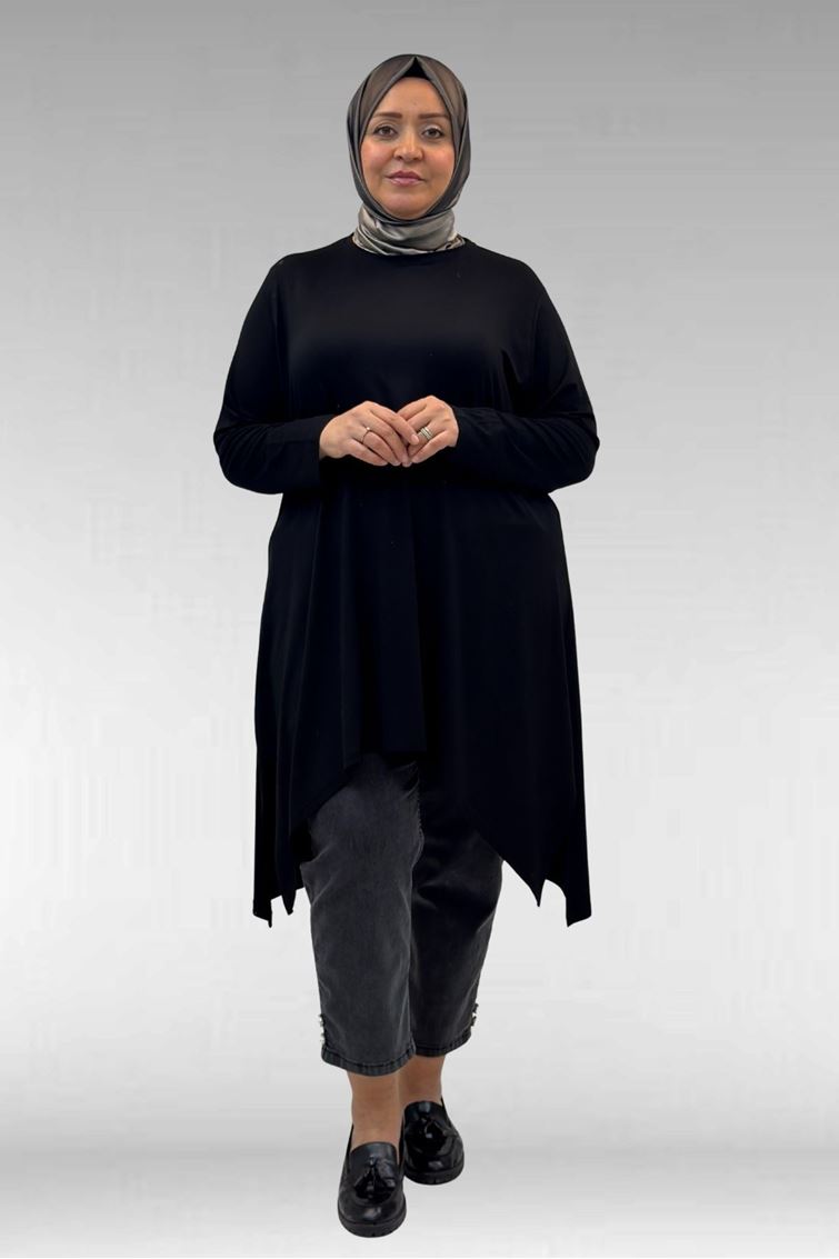 58070 Büyük Beden Asimetrik Kesim Penye Tunik - Siyah
