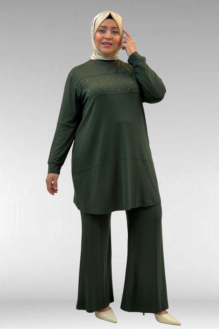 67021 Büyük Beden Taş Baskı Detaylı Parçalı Pantolonlu Takım - Haki