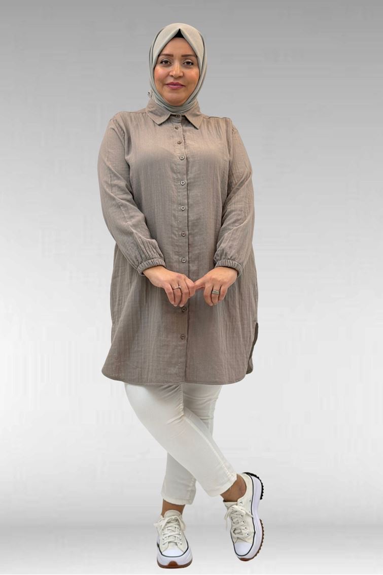 58091 Büyük Beden Kolları Lastikli Müslin Gömlek - Vizon