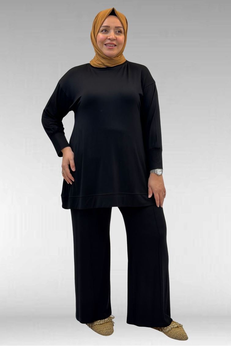 67007 Büyük Beden Kol Ve Etek Ucu Kendinden Ribanalı Pantolonlu Takım - Siyah