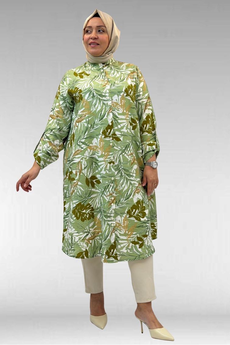 68014 Büyük Beden Hakimyaka Çift Düğmeli Mango Tunik - Yaprak Desen Vizon