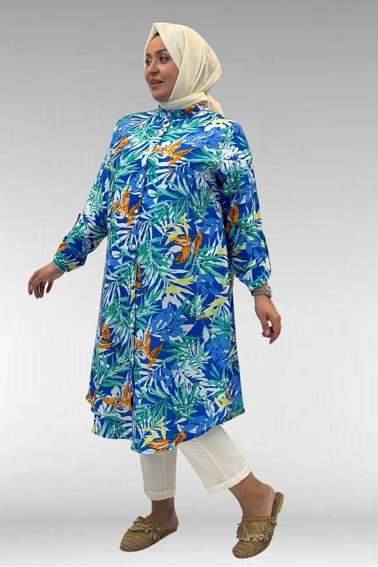 68014 Büyük Beden Hakimyaka Çift Düğmeli Mango Tunik - Desenli Saks