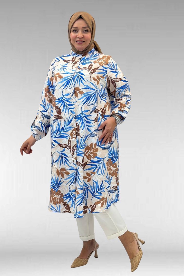 68014 Büyük Beden Hakimyaka Çift Düğmeli Mango Tunik - Desenli Haki