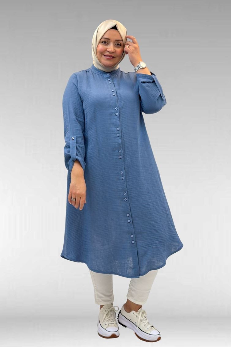 58092 Büyük Beden Çift Düğme Detaylı Müslin Gömlek - Soğuk Mavi