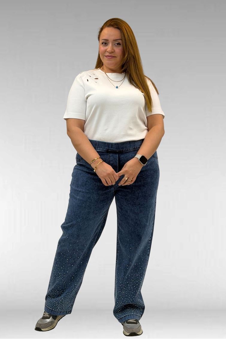 69001 Büyük Beden Beli Lastikli Sahte Cepli Taşlı Kot Pantolon - Lacivert