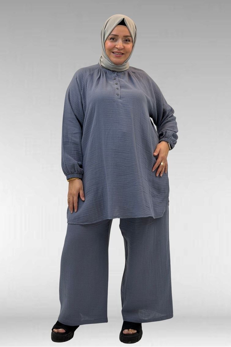 67039 Büyük Beden Yarım Patlı Sıfır Yaka Müslin Pantolonlu Takım - Antrasit