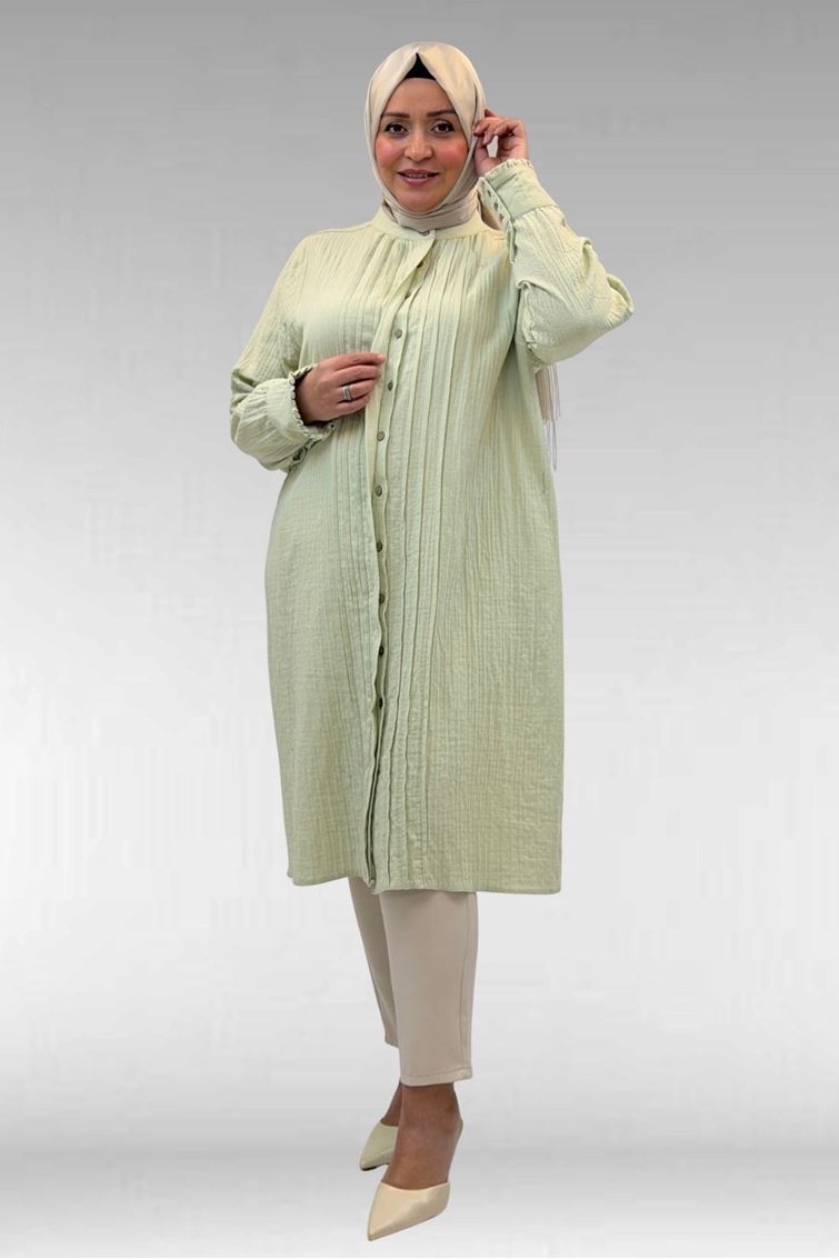68022 Büyük Beden Boydan Pile Detaylı Müslin Gömlek - Su Yeşili