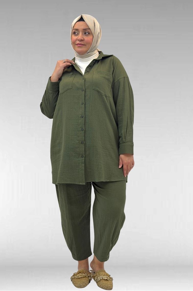 67036 Büyük Beden Cepli Düğmeli Müslin Pantolonlu Takım - Haki